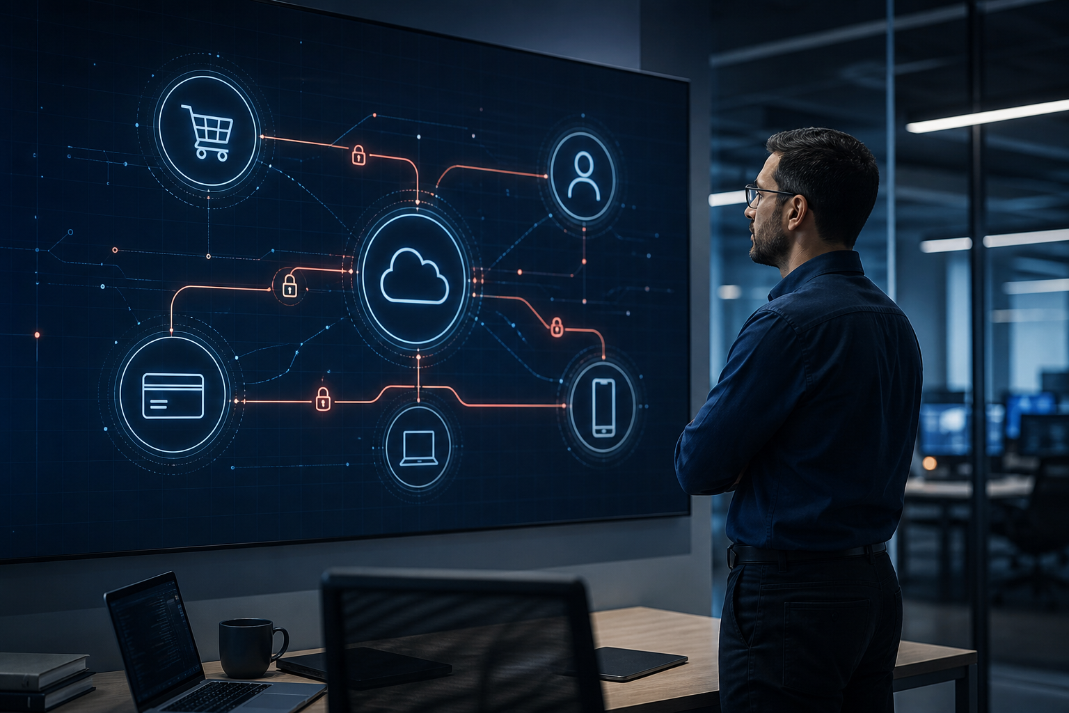 Connected business systems exchanging data through APIs